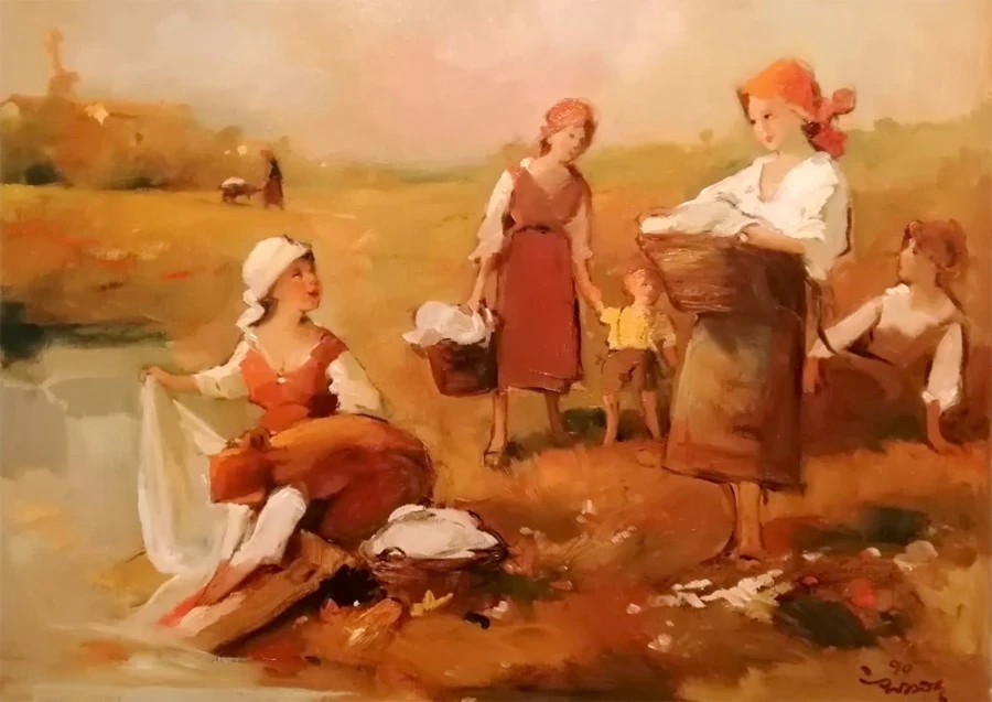 Olio su tela di Giovanni Bisson, con cinque giovani donne al bordo di un ruscello intente a lavare i panni.