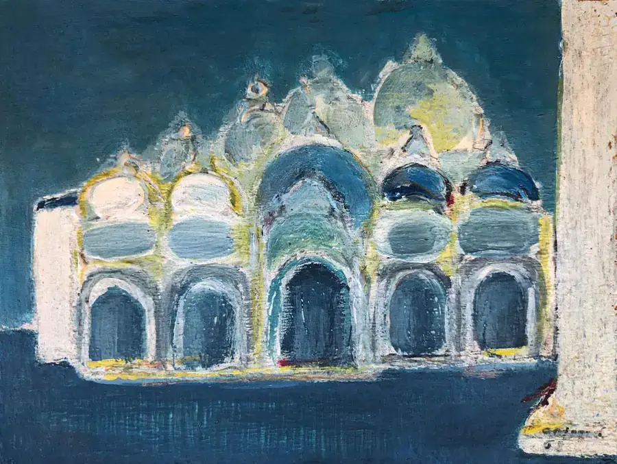 Olio su tavoletta 1963 di Francesco Caiselli, Basilica di San Marco. Bella la scelta cromatica con tonalità di azzurro e giallo oro.