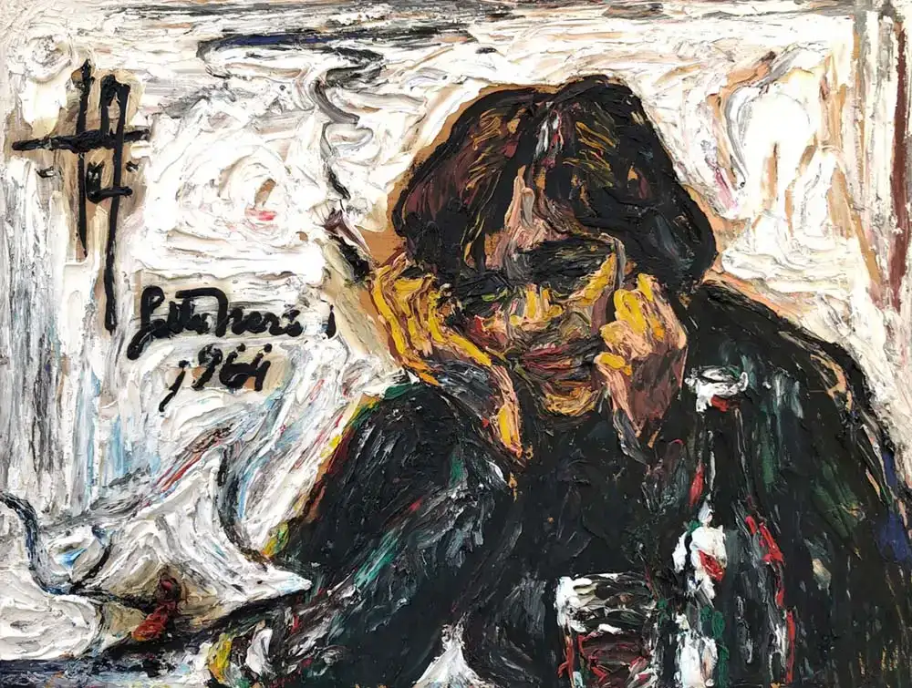 Imponente dipinto dell'artista Gatto Nero, olio materico su tavola di legno, con uomo pensieroso seduto in osteria. I colori sono vivi e lo spessore del colore supera i 2 centimetri.