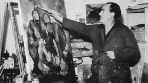 Giovanni Pontini nel suo studio 1967-68, foto tratta dal catalogo della Personale alla Bevilacqua La Masa nel 1978