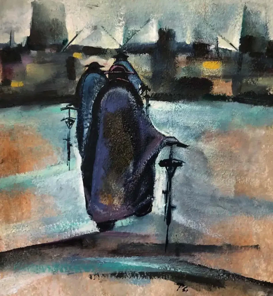Olio su tavola di Giovanni Pontini. Titolo: Verso Marghera. Tre uomini a piedi con le loro biciclette, cappotti e cappelli neri, si incamminano verso il polo industriale di Marghera.