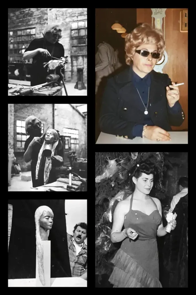 Collage fotografico dell'artista Lalla Vanzella anni 50, 60, 70. Ritraggono l'artista a rifinire alcune sculture in bronzo, in una serata di gala, seduta al bar con occhiali da sole.