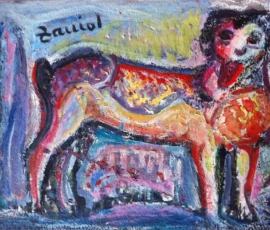 Olio su cartoncino 30x20 cm. Anni 80 Olio su cartoncino di Romano Zaniol. Un cane di profilo con la lingua a penzoloni. Dipinto coloratissimo e cane con sembianze umane.