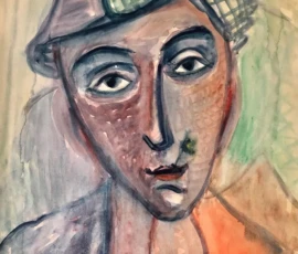 Acquerello 50x35 cm. Anni 70 Acquerello su cartoncino di Romano Zaniol, giovane con grandi occhi e fiorellino tra le labbra.