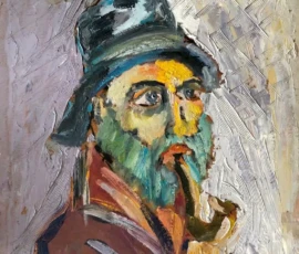 Olio su tavola 50x40 cm. Anni 50 Olio materico su tavola di Romano Zaniol, uomo con cappello e pipa. Volto giallo e la tipica barba verde.