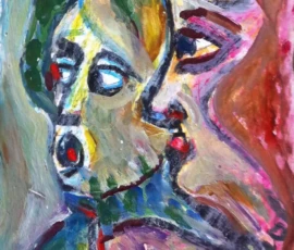 Olio su cartoncino 26x19 cm. Anni 80 Olio su cartoncino di Romano Zaniol, due volti femminili di profilo, dipinto coloratissimo.
