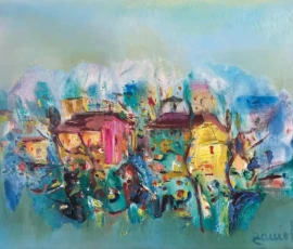 Olio su tela 50x60 cm. Anni 70 Olio su tela di Romano Zaniol, paesaggio del Montello con case e fioriture a ricordare la primavera.