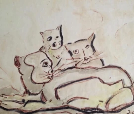 Acquerello su cartoncino 25x20 cm. Anni 50 Acquerello di Romano Zaniol, famiglia di tre gatti in riposo con lineamenti umani.