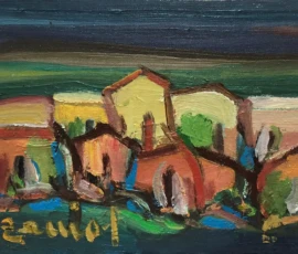 Olio su tela 25x20 cm. anni 70 Olio su tela di Romano Zaniol, paesaggio del Montello con case colorate.